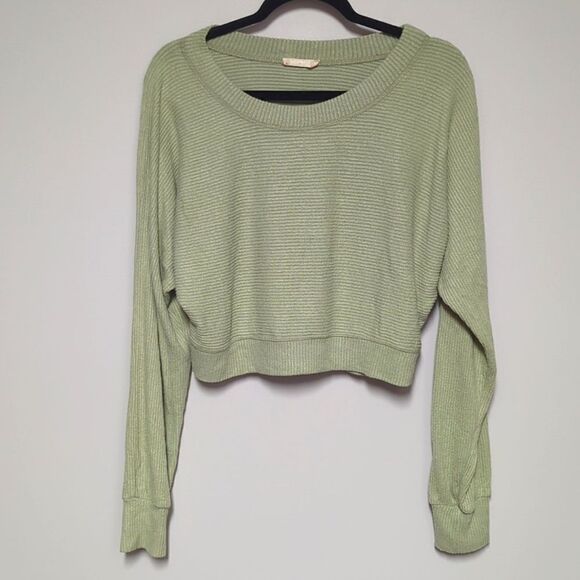 Altard State Green Ribbed Cropped Long Sleeve Blouse - Picture 1 of 6